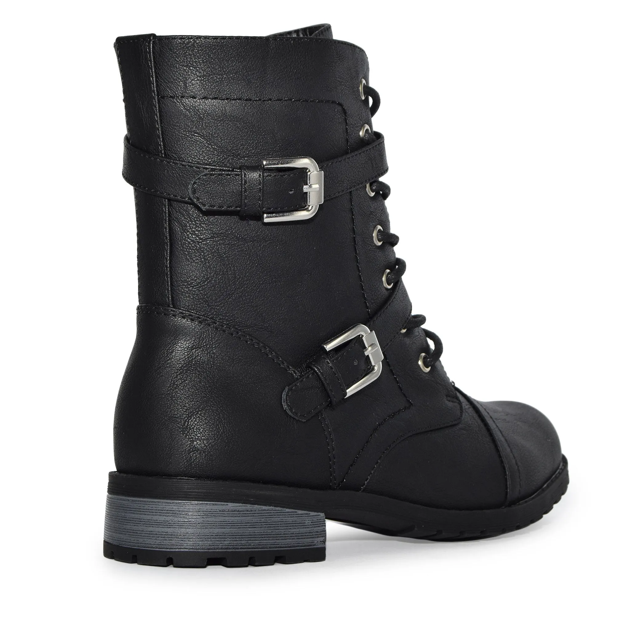 TIMBERLY-272A Faux Leather Strappy Buckle Military Combat Fashion Lace Up Ankle Boots