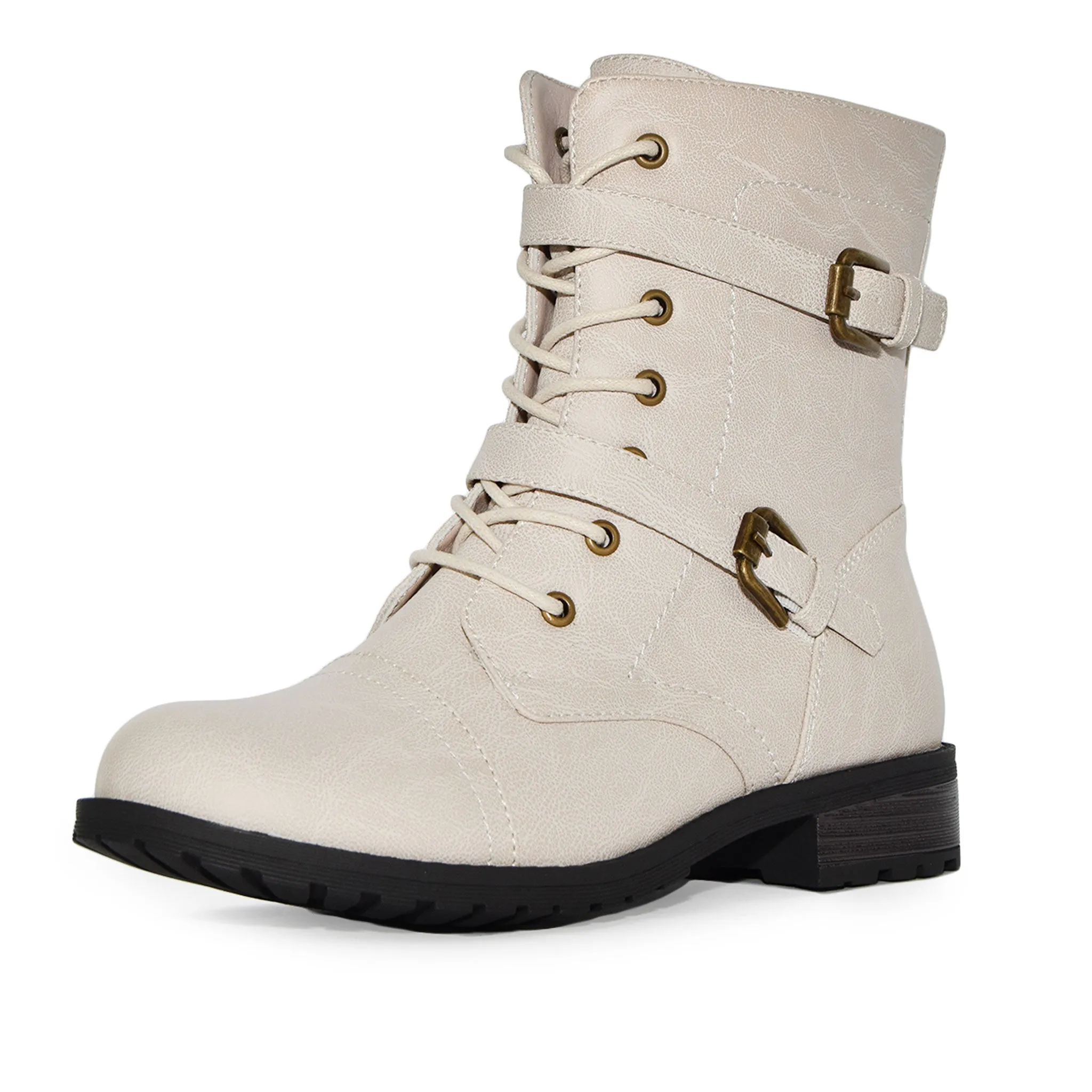 TIMBERLY-272A Faux Leather Strappy Buckle Military Combat Fashion Lace Up Ankle Boots