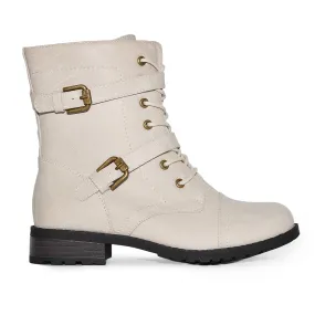 TIMBERLY-272A Faux Leather Strappy Buckle Military Combat Fashion Lace Up Ankle Boots