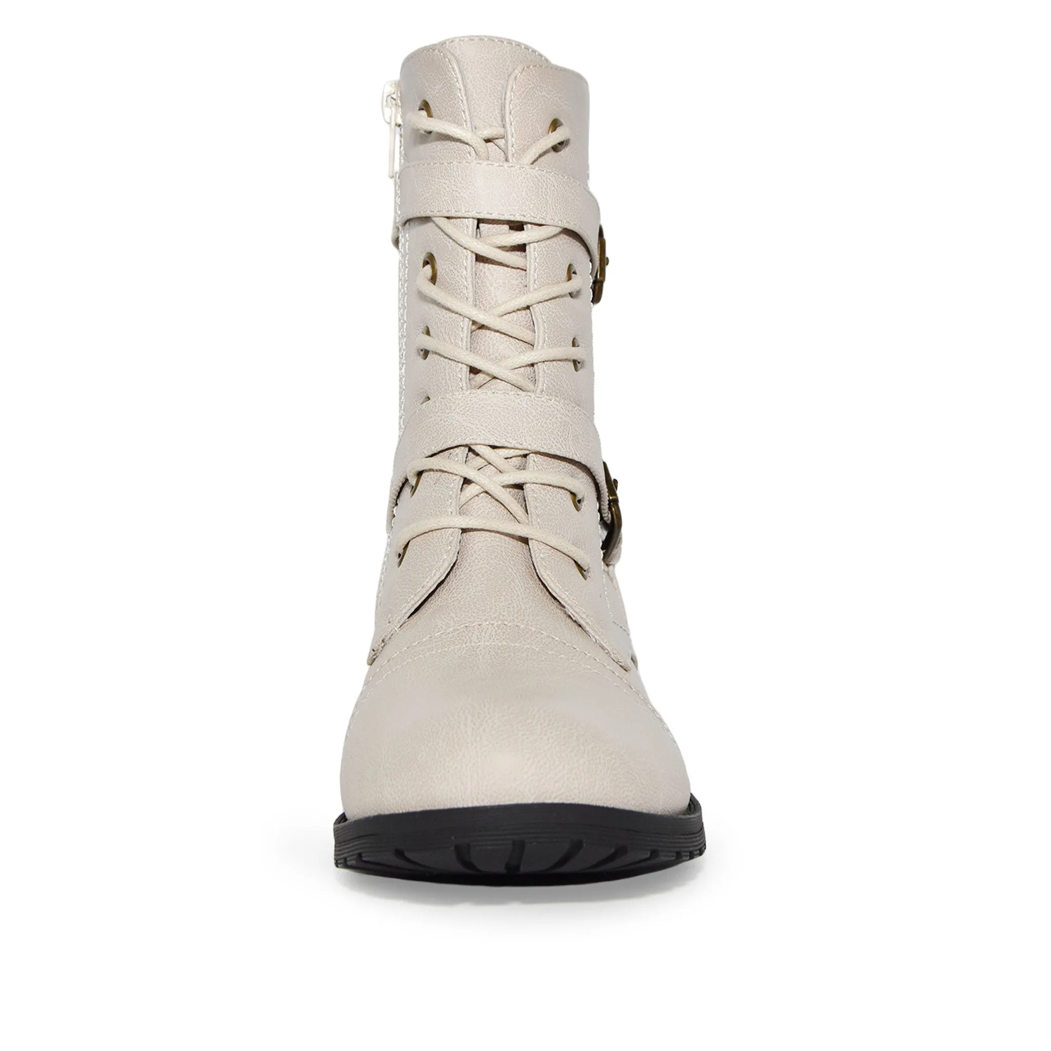 TIMBERLY-272A Faux Leather Strappy Buckle Military Combat Fashion Lace Up Ankle Boots