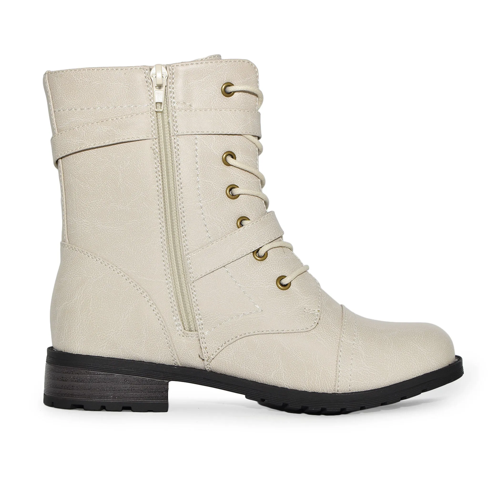 TIMBERLY-272A Faux Leather Strappy Buckle Military Combat Fashion Lace Up Ankle Boots