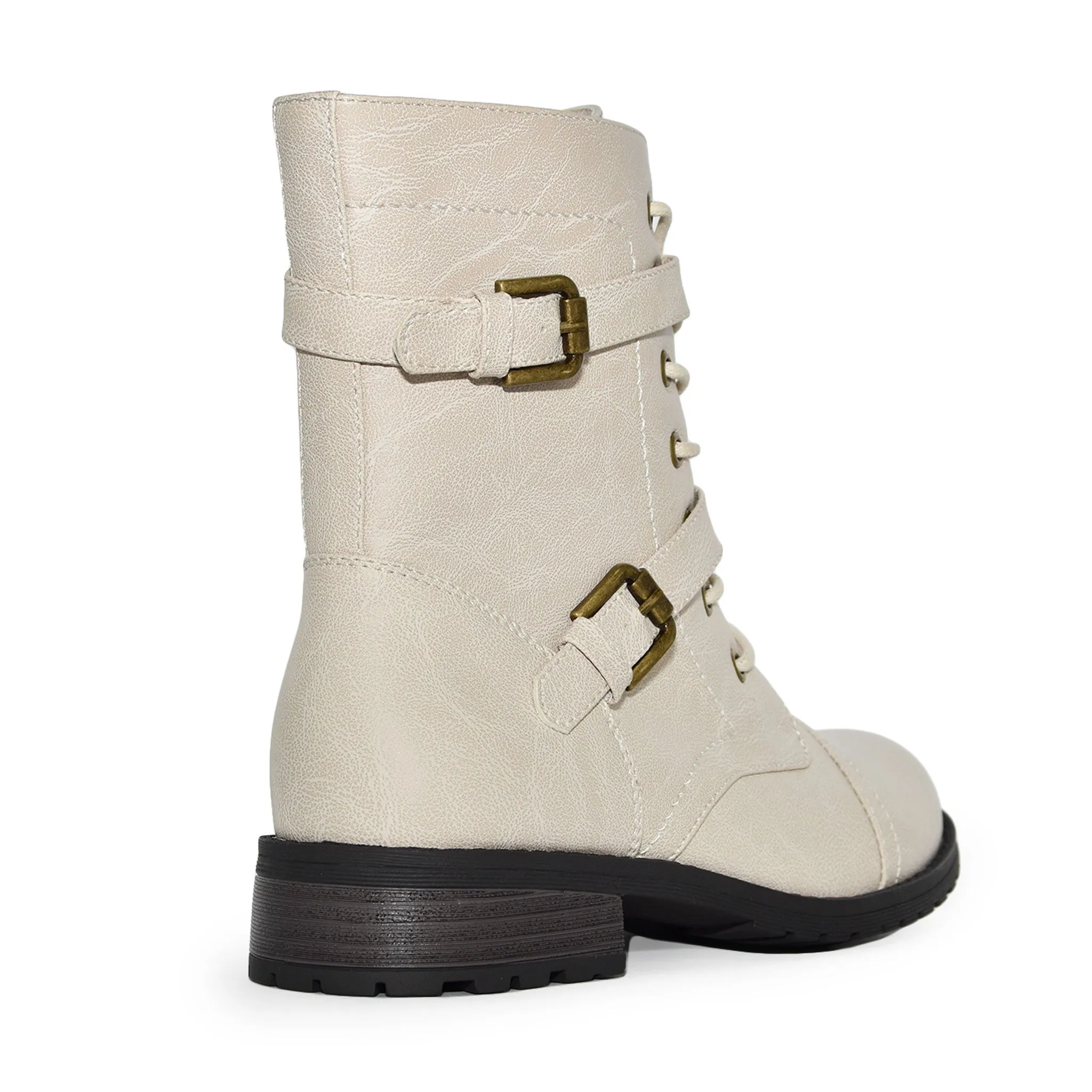 TIMBERLY-272A Faux Leather Strappy Buckle Military Combat Fashion Lace Up Ankle Boots