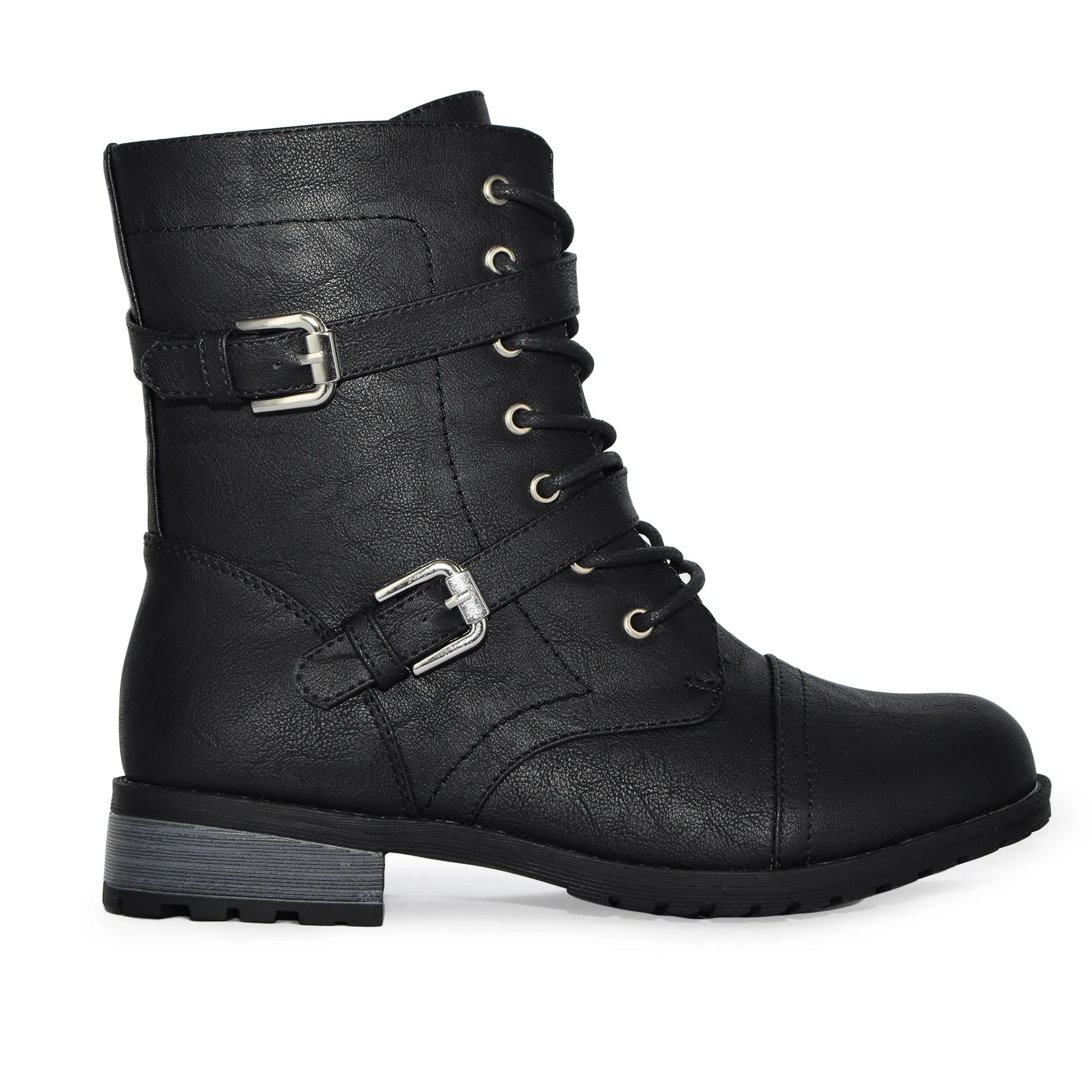 TIMBERLY-272A Faux Leather Strappy Buckle Military Combat Fashion Lace Up Ankle Boots