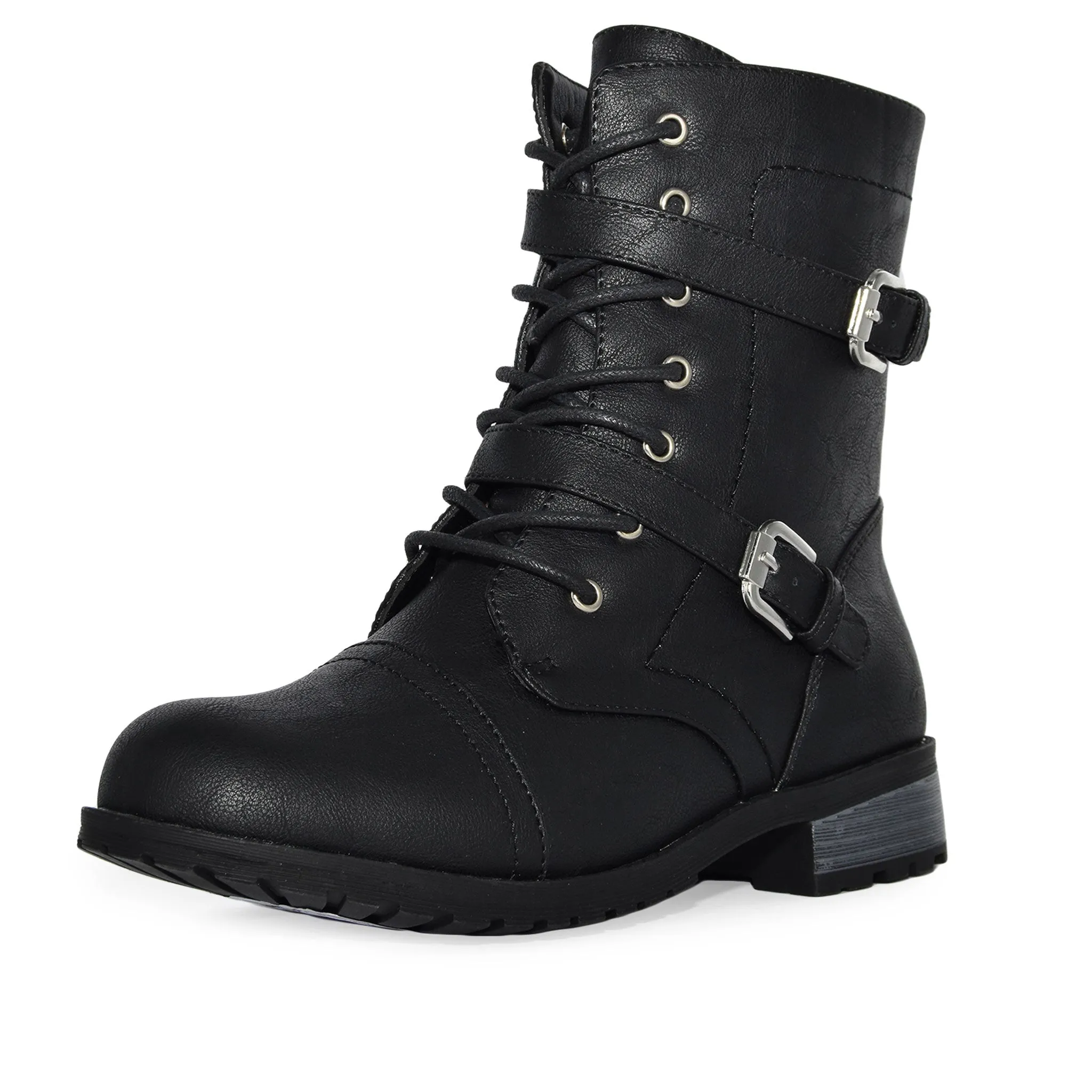 TIMBERLY-272A Faux Leather Strappy Buckle Military Combat Fashion Lace Up Ankle Boots