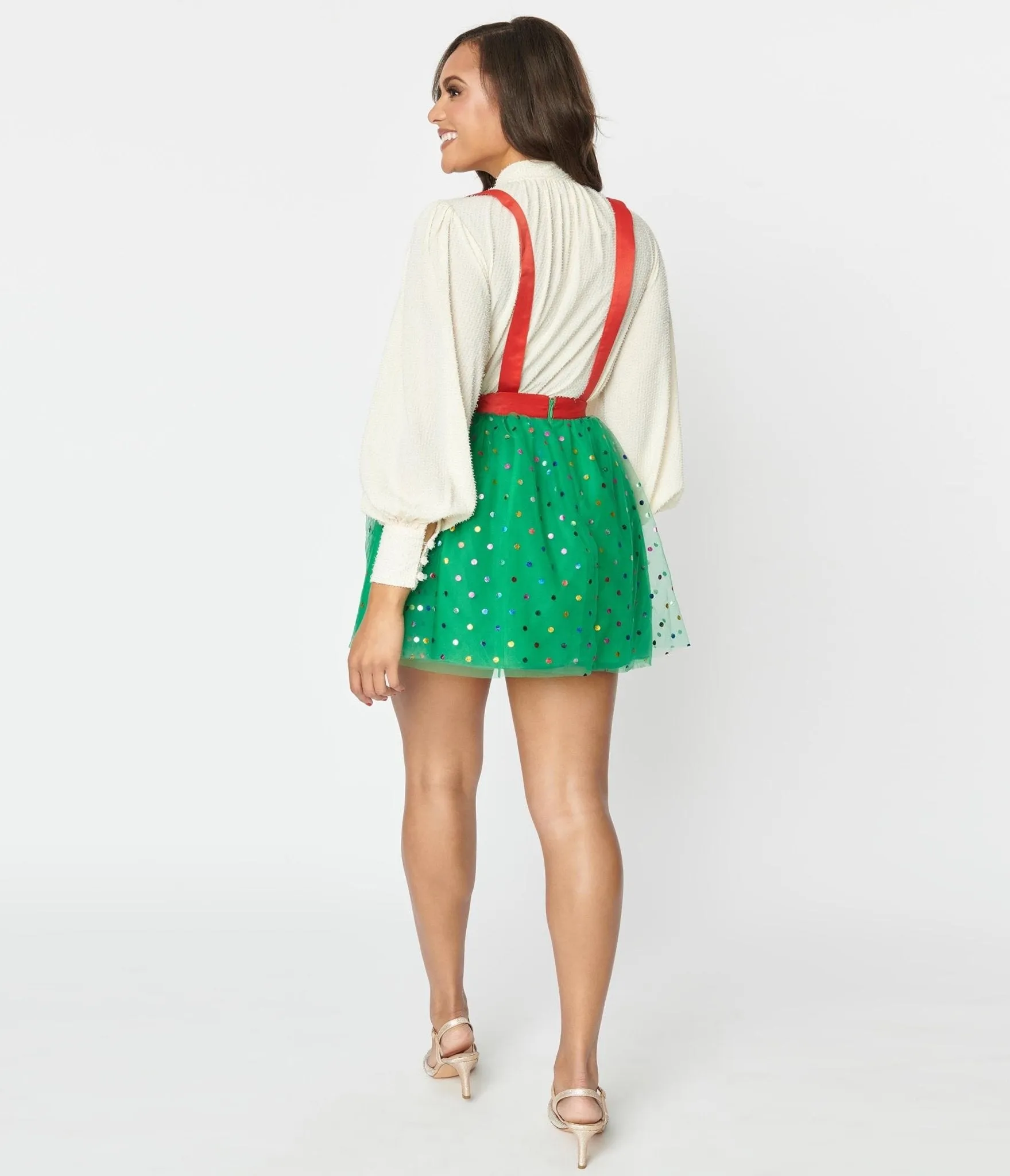 Unique Vintage Green & Multi Polka Dot Tulle Suspender Mini Skirt