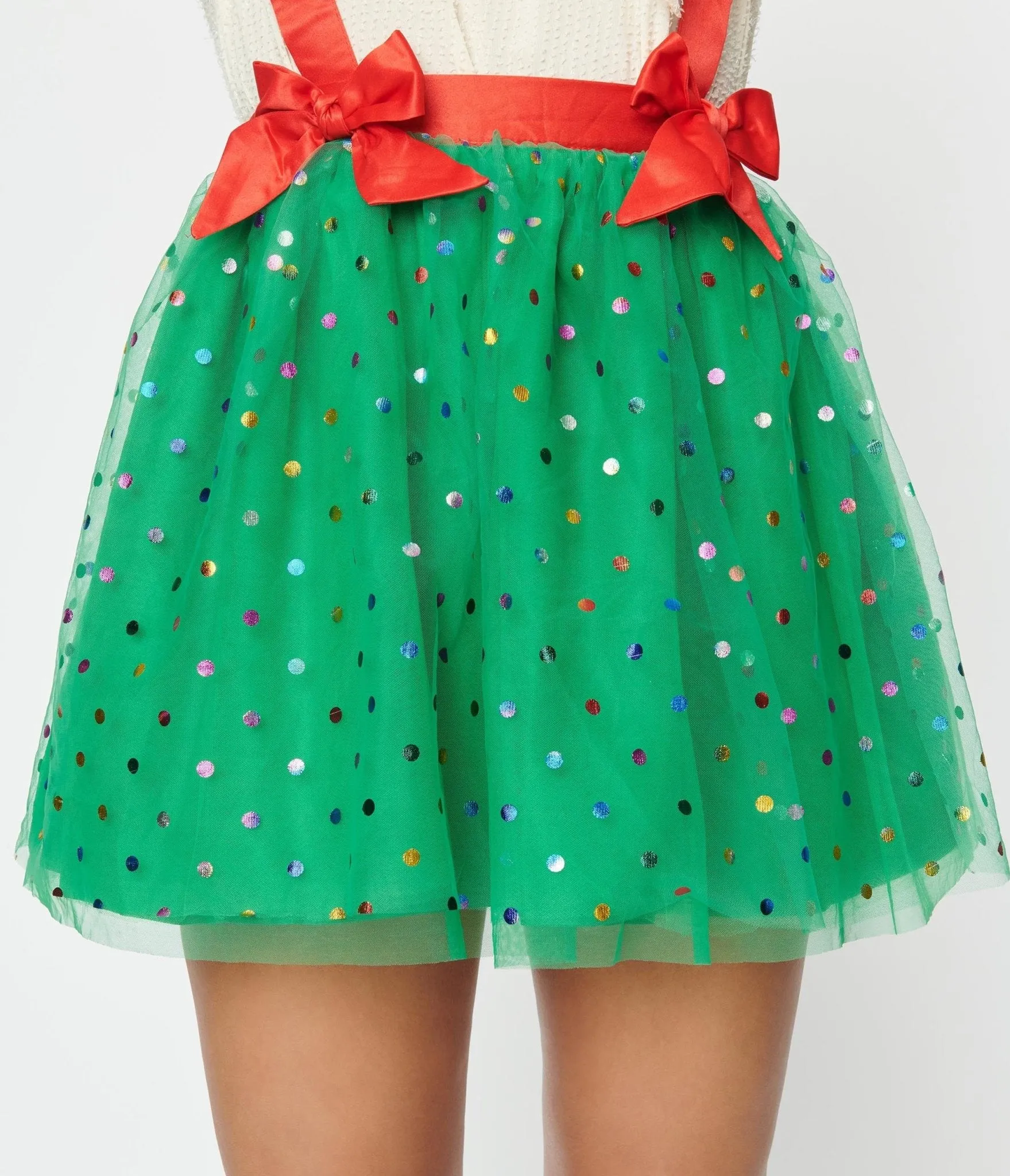 Unique Vintage Green & Multi Polka Dot Tulle Suspender Mini Skirt