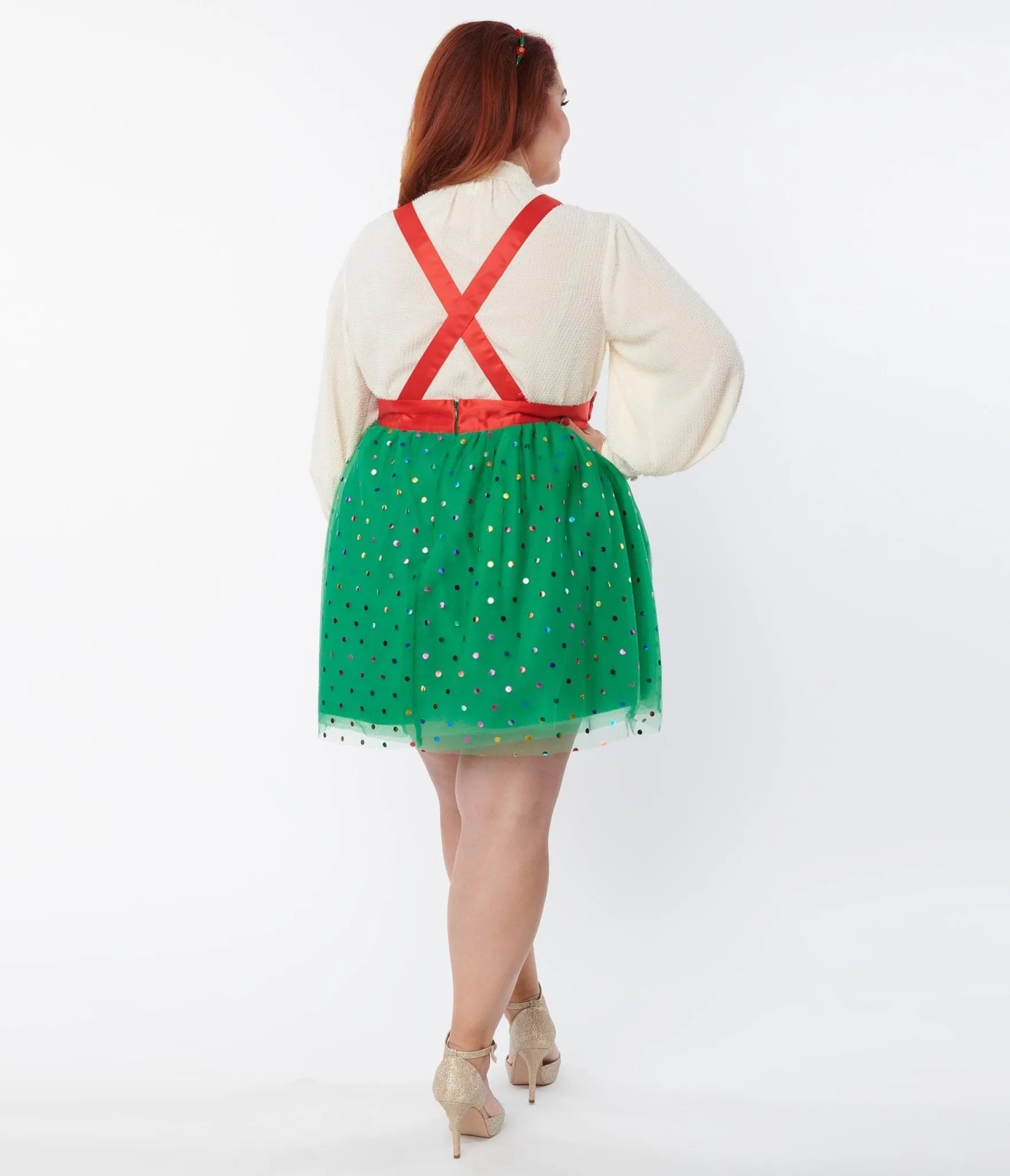 Unique Vintage Plus Size Green & Multi Polka Dot Tulle Suspender Mini Skirt