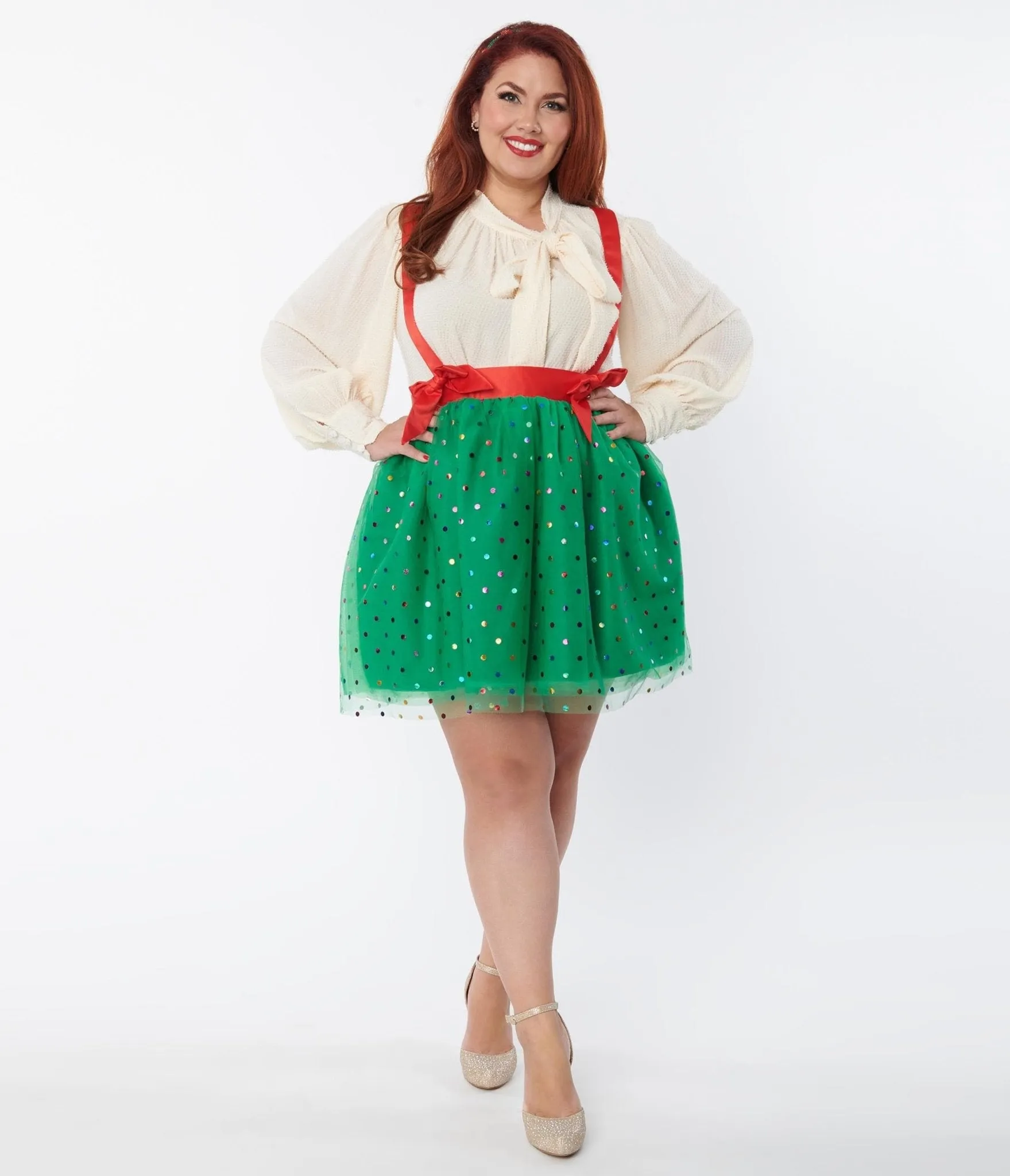 Unique Vintage Plus Size Green & Multi Polka Dot Tulle Suspender Mini Skirt