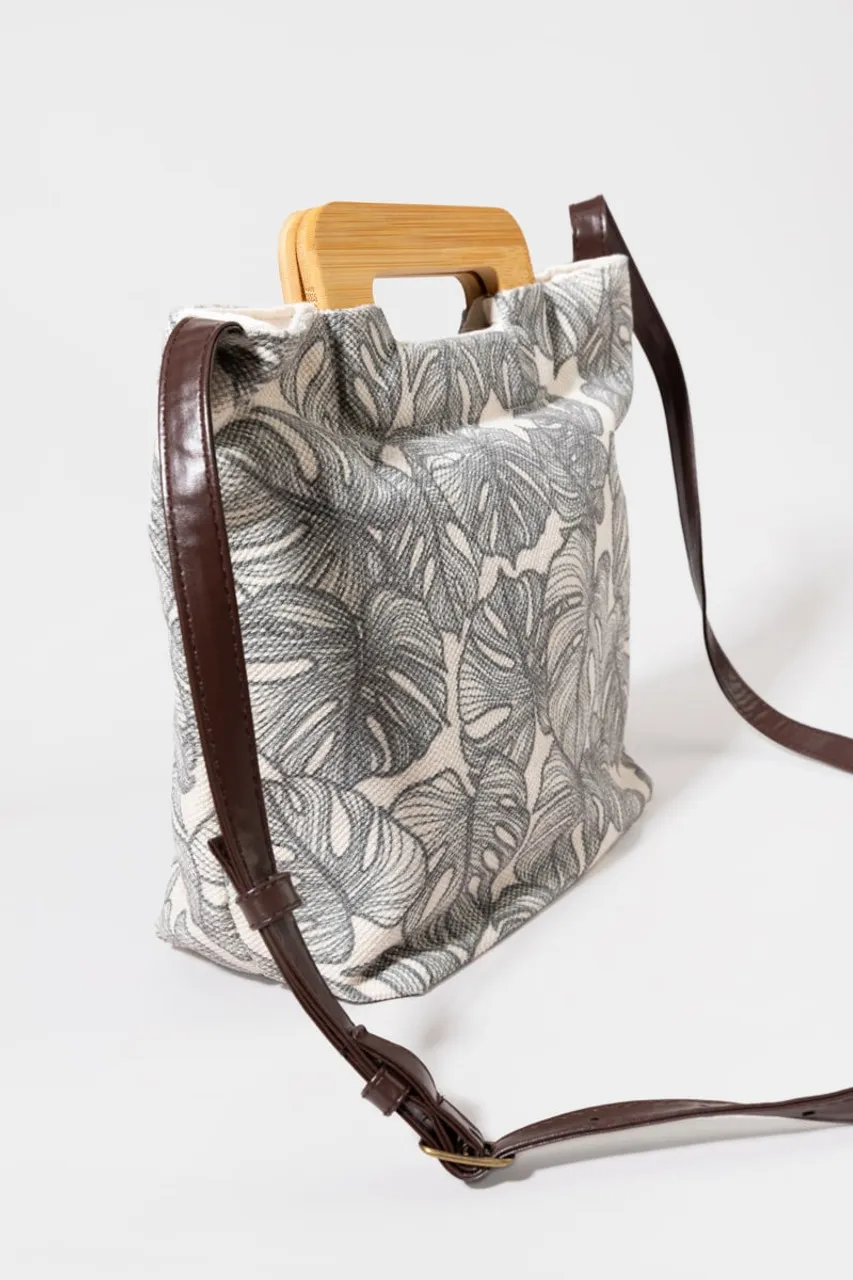 Veronica Palm Print Wooden Handle Tote Bag