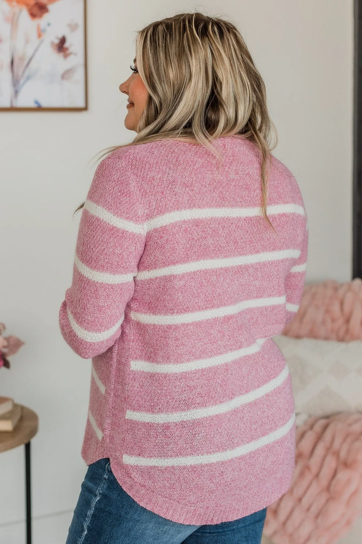 Way Of Life Striped Knit Sweater- Pink & Ivory