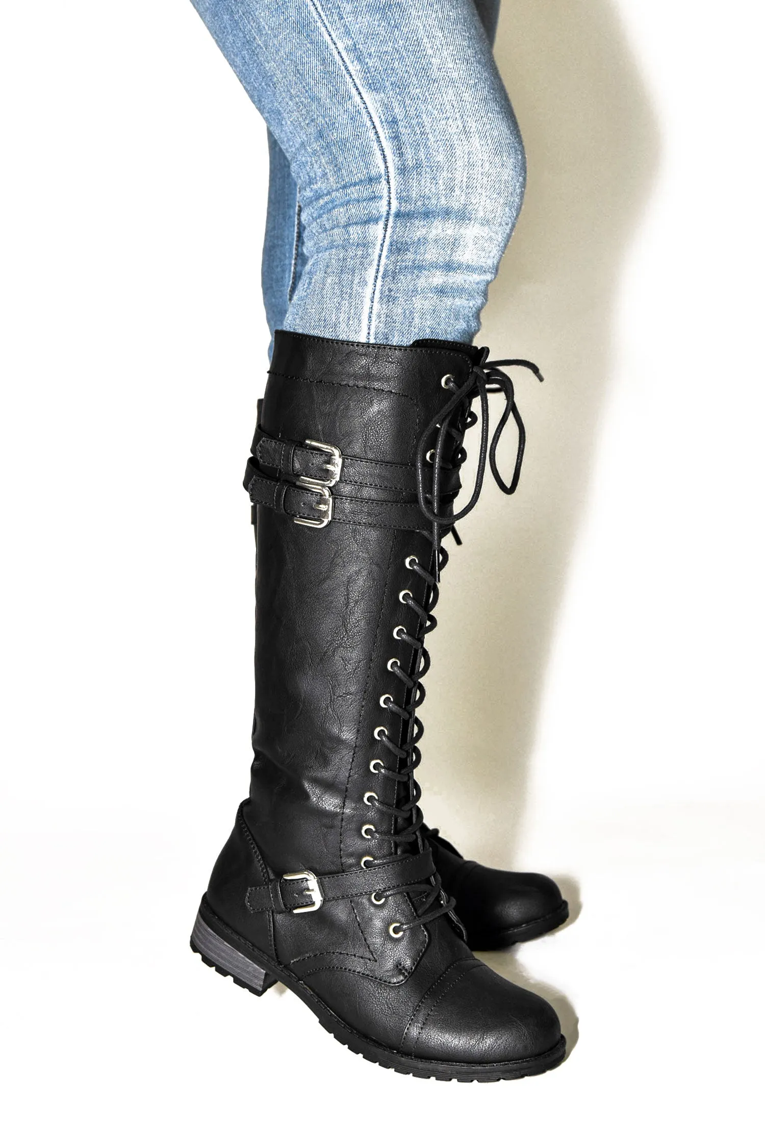 Wild Diva Women's Faux Leather Lace-Up Below The Knee Combat Fashion Military Boots