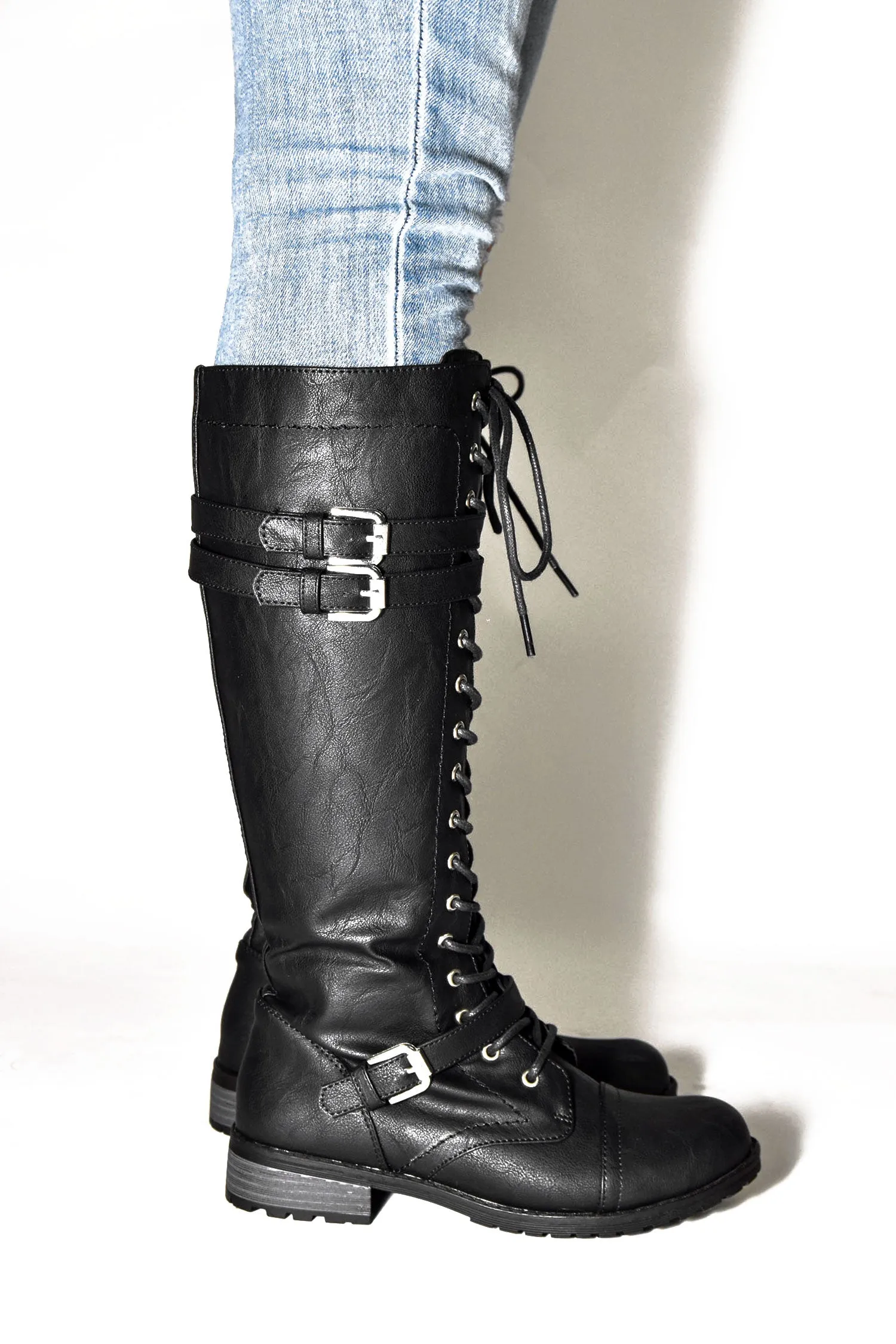 Wild Diva Women's Faux Leather Lace-Up Below The Knee Combat Fashion Military Boots