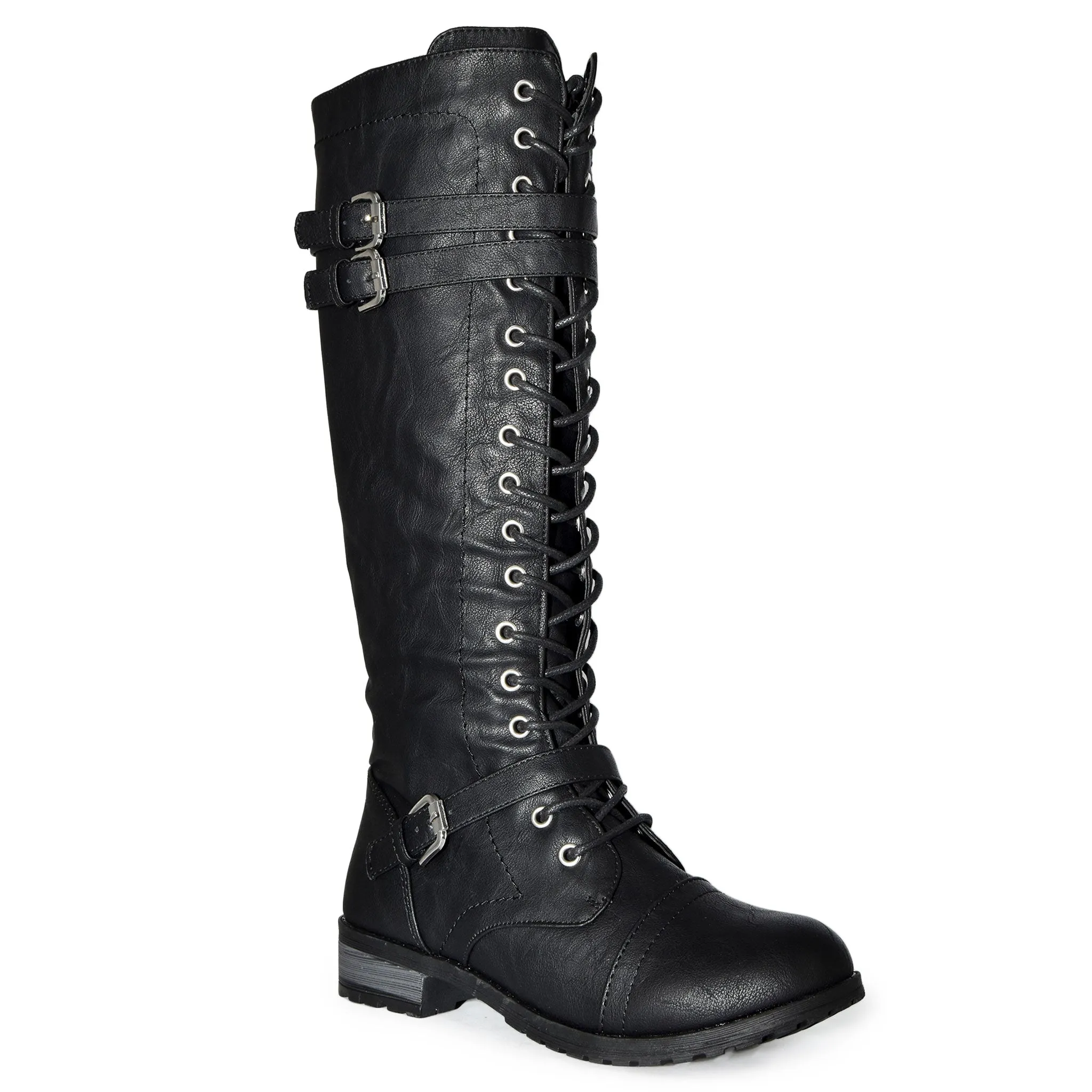 Wild Diva Women's Faux Leather Lace-Up Below The Knee Combat Fashion Military Boots