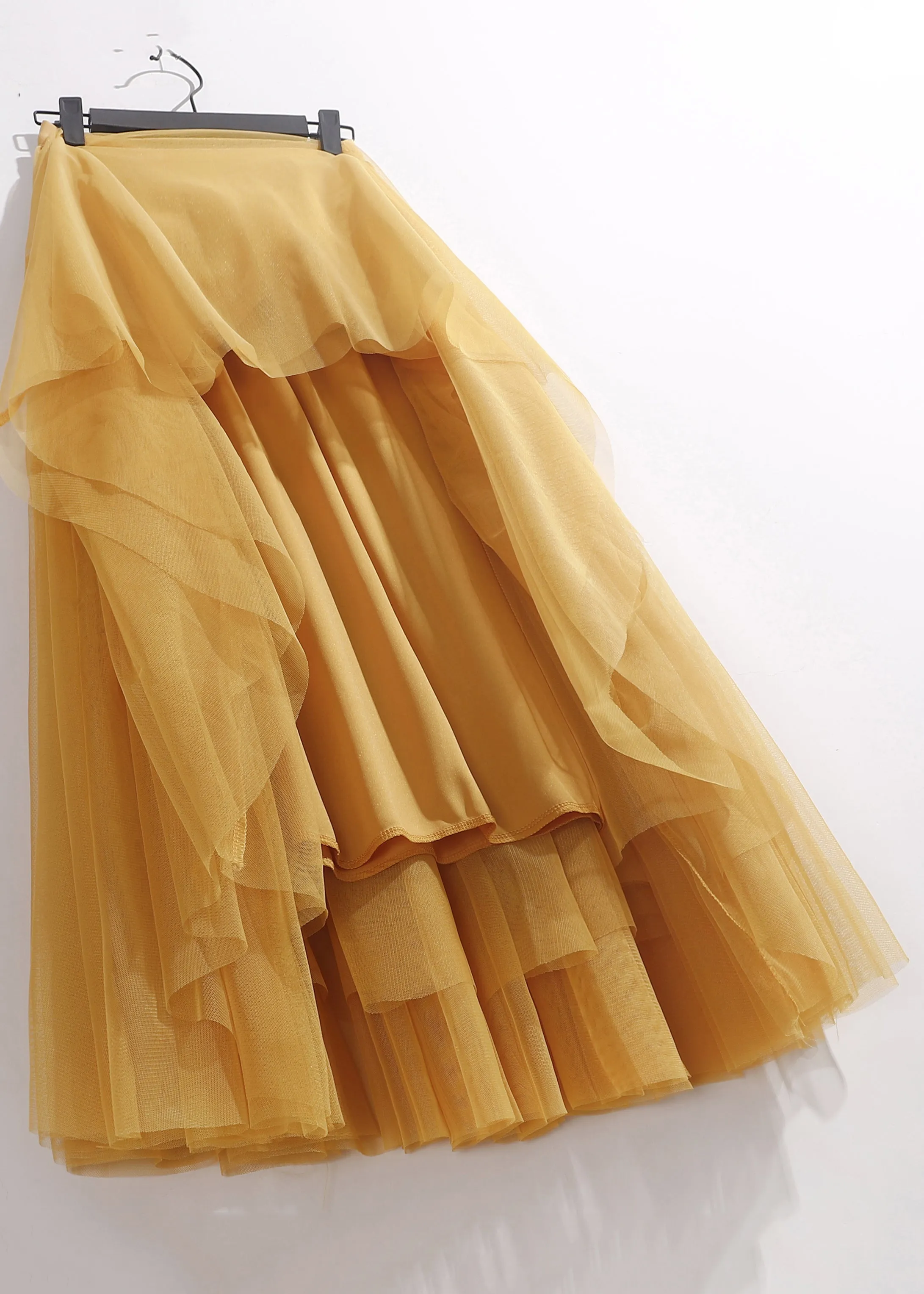 Women Yellow Wrinkled Elastic Waist Tulle Skirt Summer AS1095