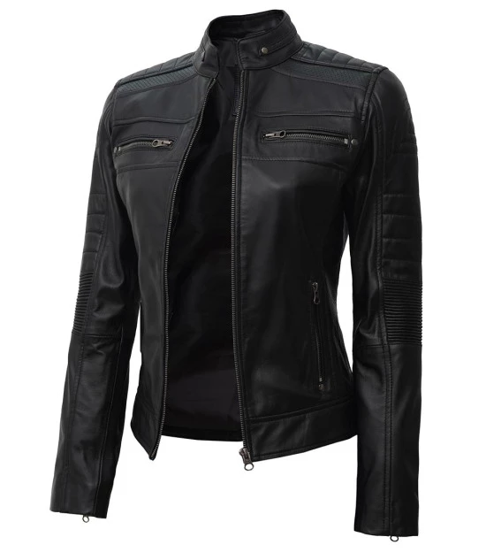 Women's Black Cafe Racer Leather Jacket - Best Seller