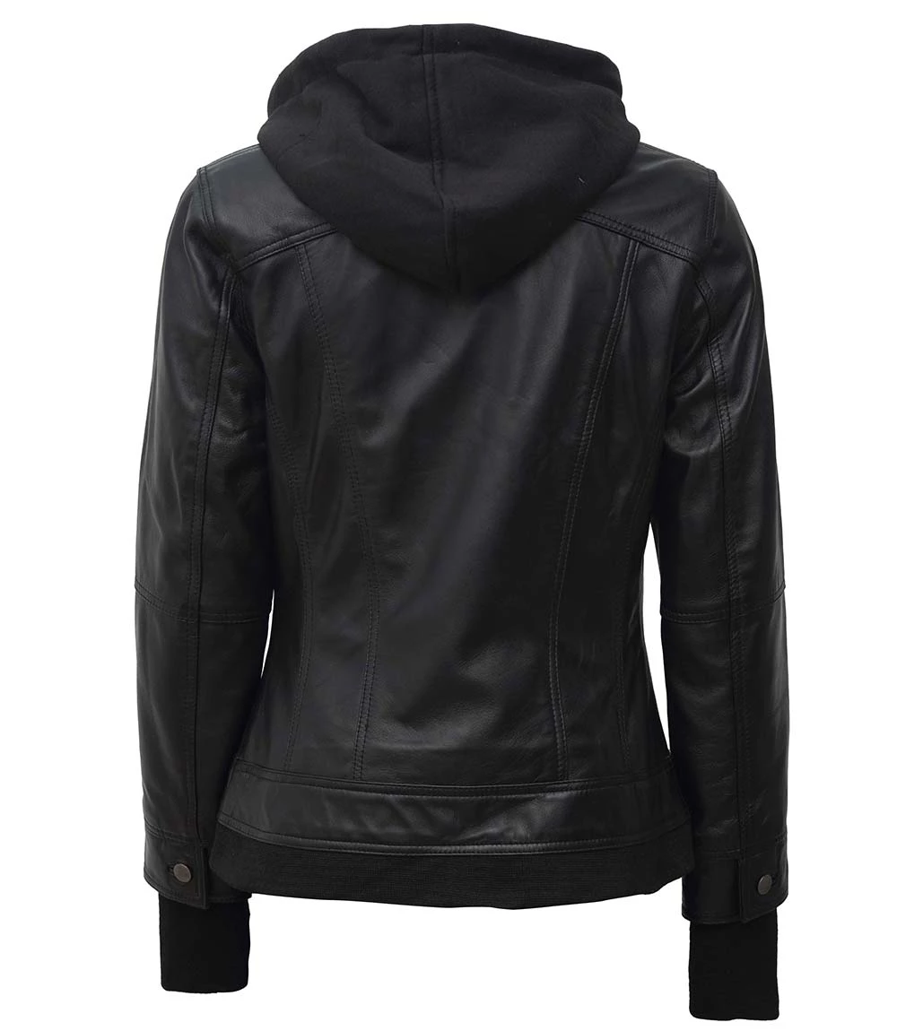 Women's Petite Black Leather Jacket with Hood