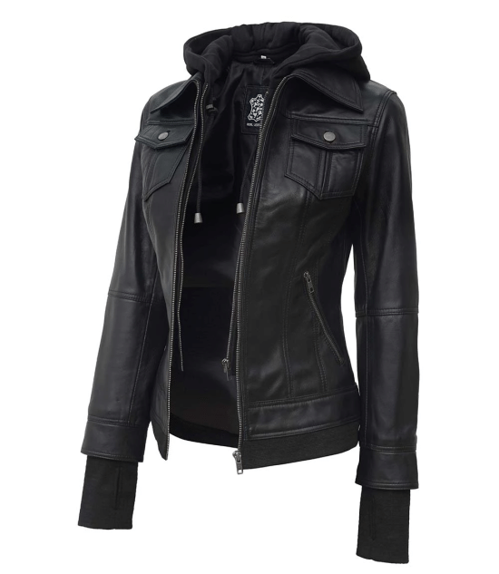 Women's Petite Black Leather Jacket with Hood