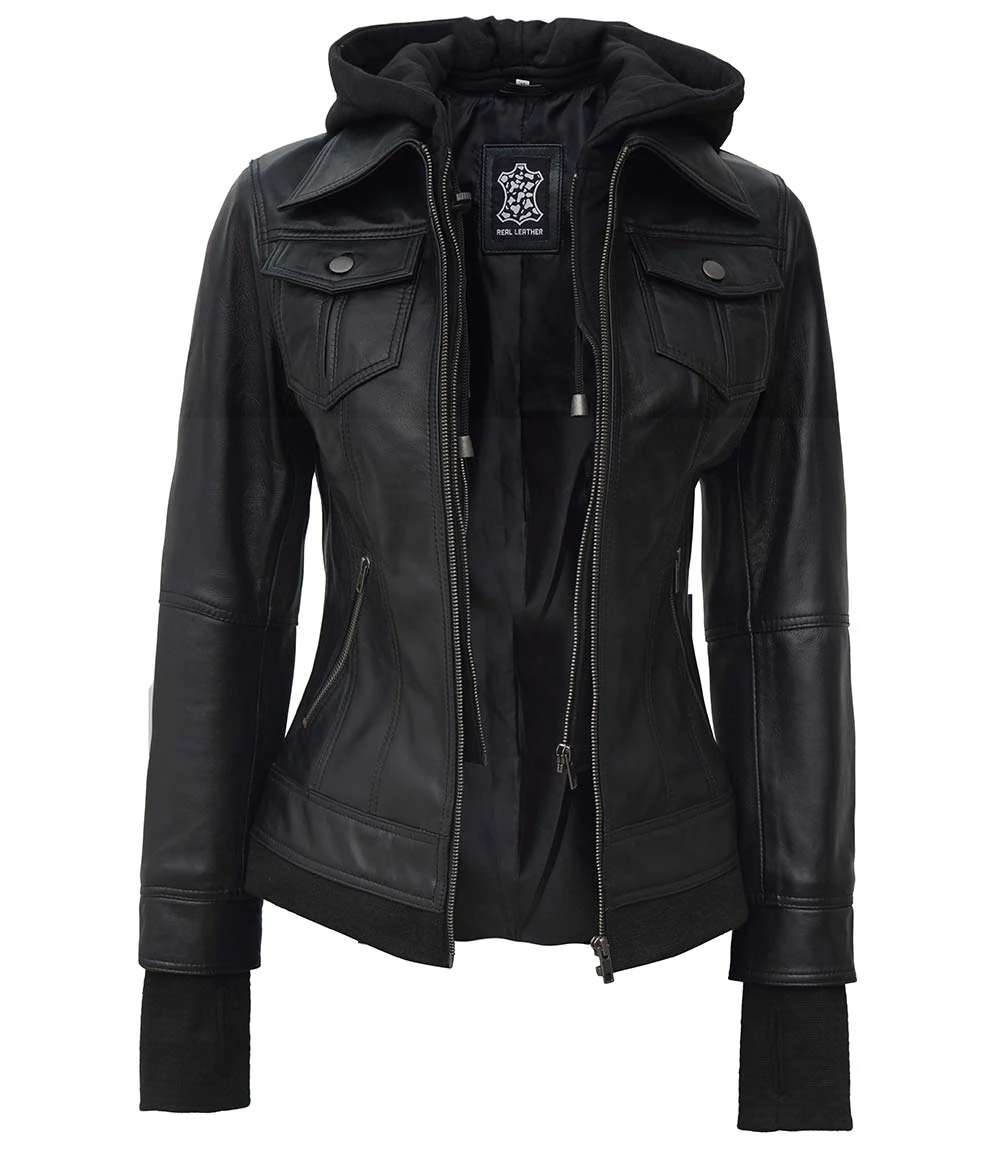 Women's Petite Black Leather Jacket with Hood