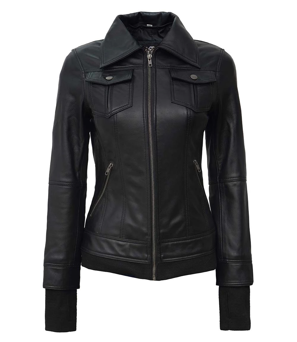 Women's Petite Black Leather Jacket with Hood