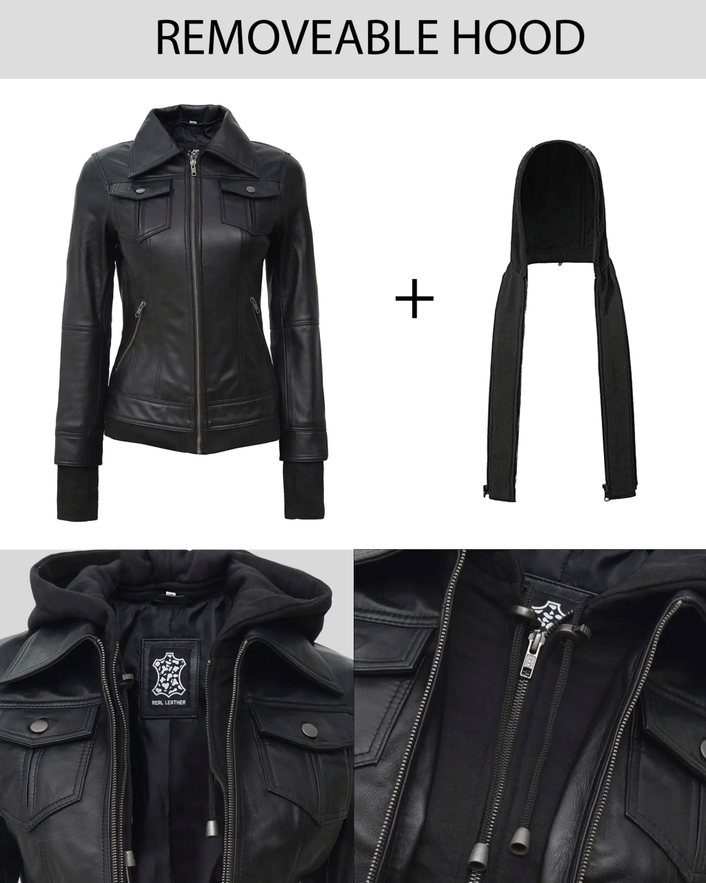 Women's Petite Black Leather Jacket with Hood