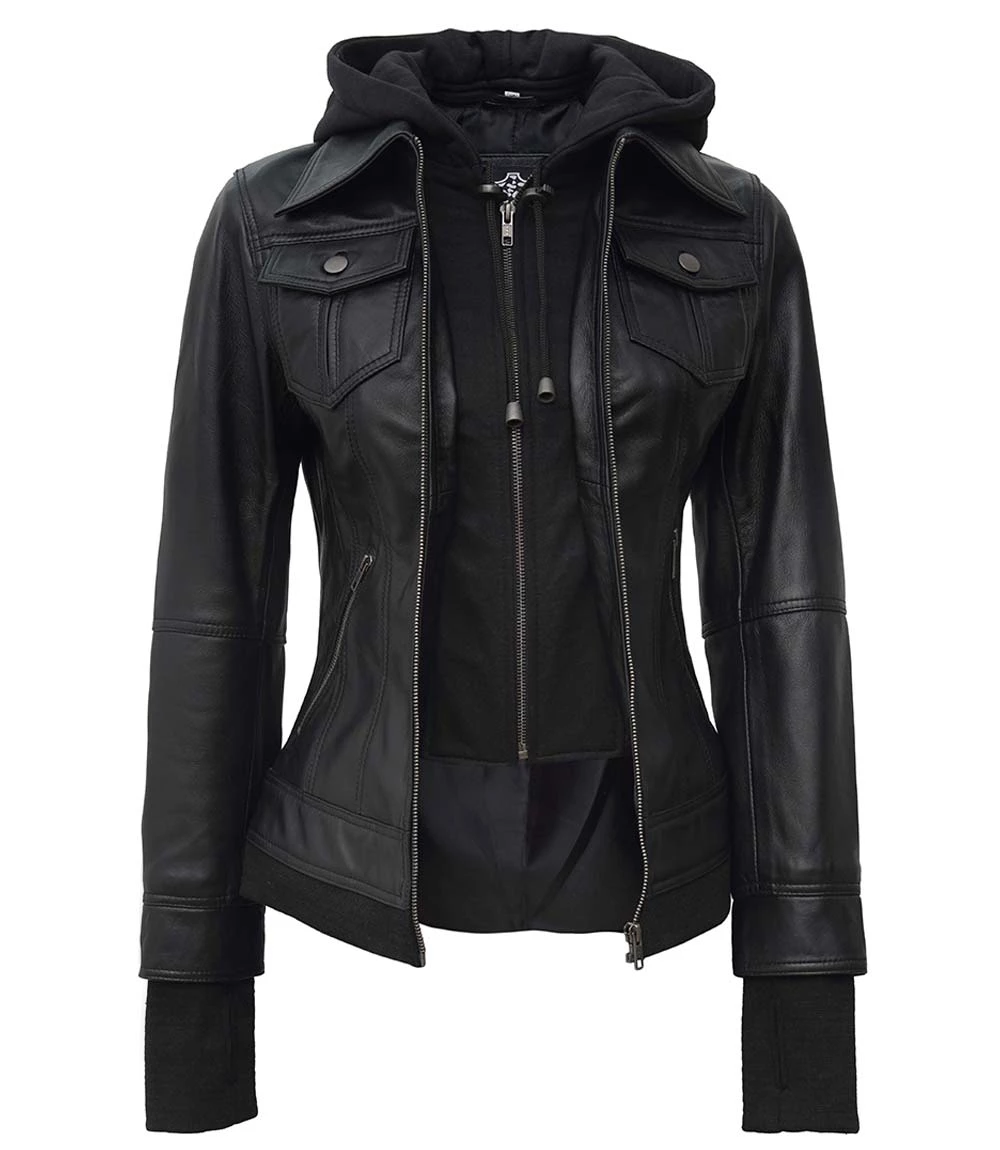 Women's Petite Black Leather Jacket with Hood