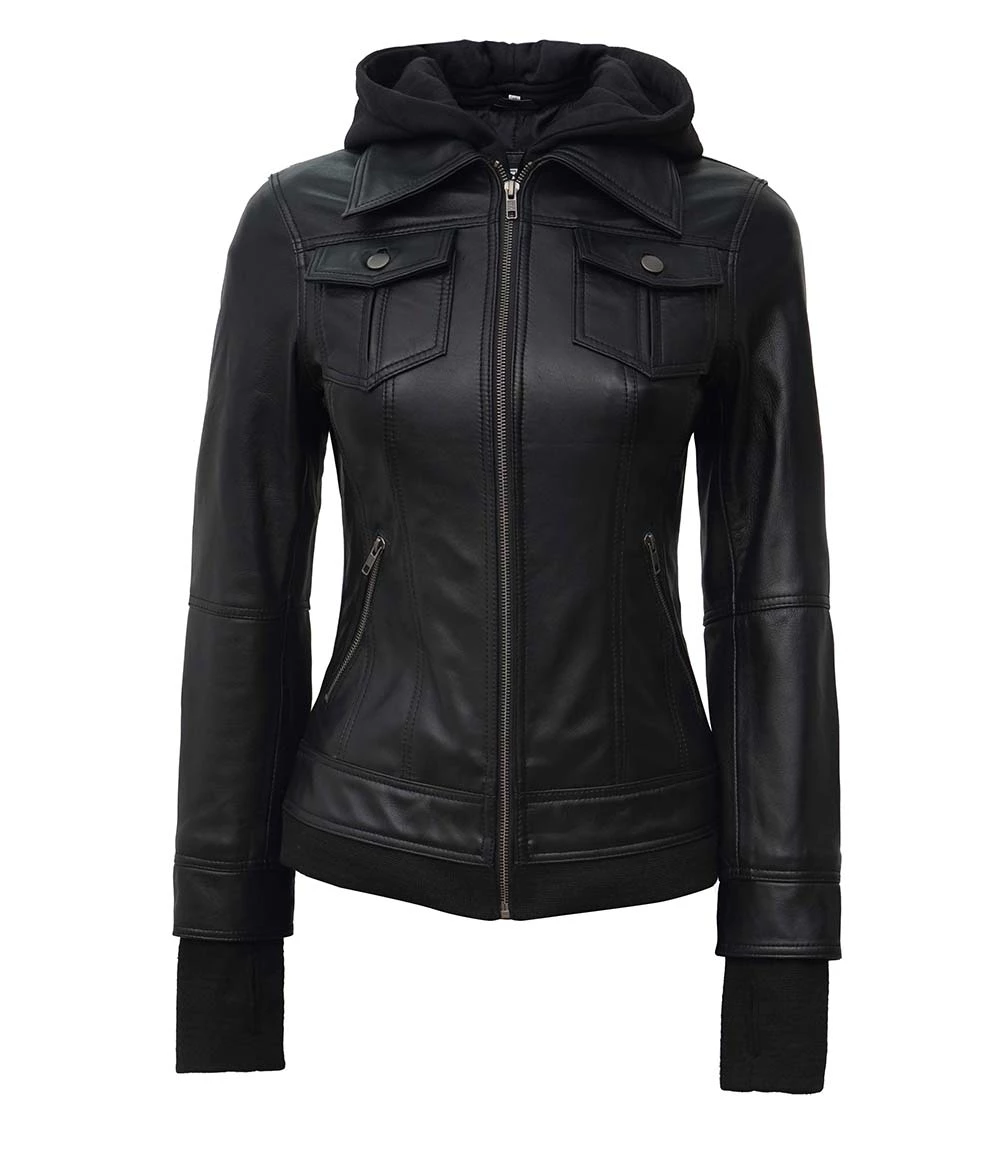 Women's Petite Black Leather Jacket with Hood