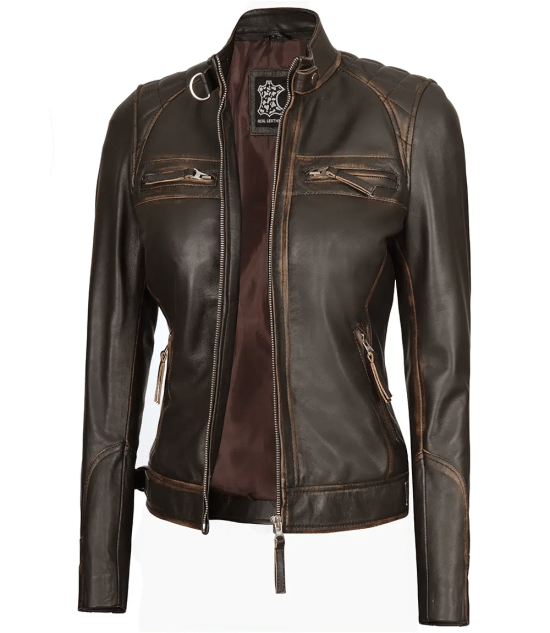 Women's Rub Off Dark Brown Quilted Leather Cafe Racer Jacket with Strap Collar