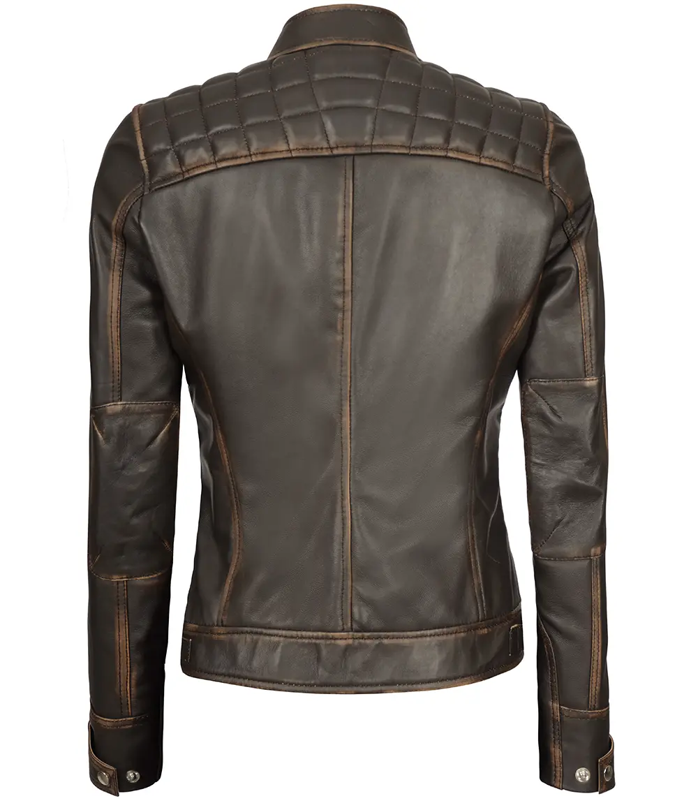 Women's Rub Off Dark Brown Quilted Leather Cafe Racer Jacket with Strap Collar