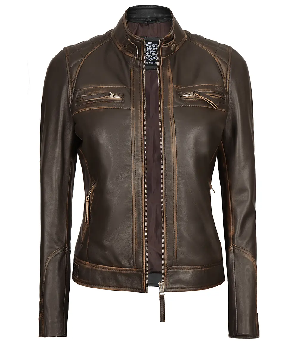 Women's Rub Off Dark Brown Quilted Leather Cafe Racer Jacket with Strap Collar