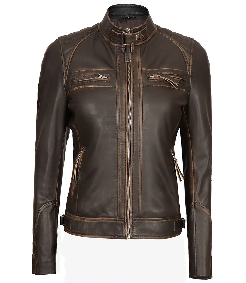 Women's Rub Off Dark Brown Quilted Leather Cafe Racer Jacket with Strap Collar