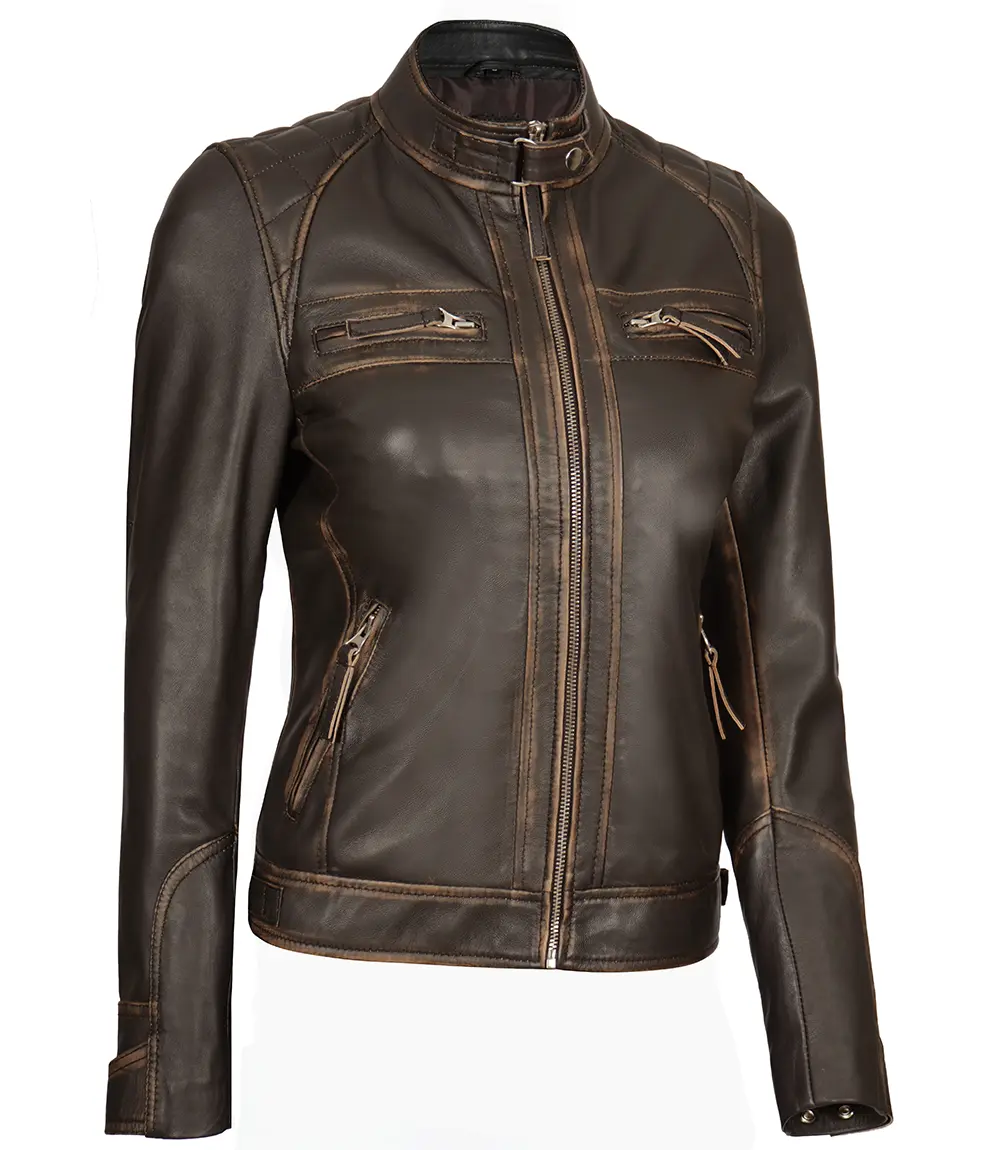 Women's Rub Off Dark Brown Quilted Leather Cafe Racer Jacket with Strap Collar