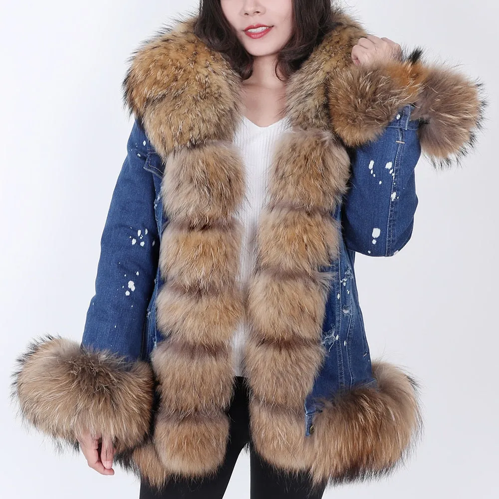 Women's Winter Fox Fur Collar Rabbit Fur Lining Warm Denim Jacket