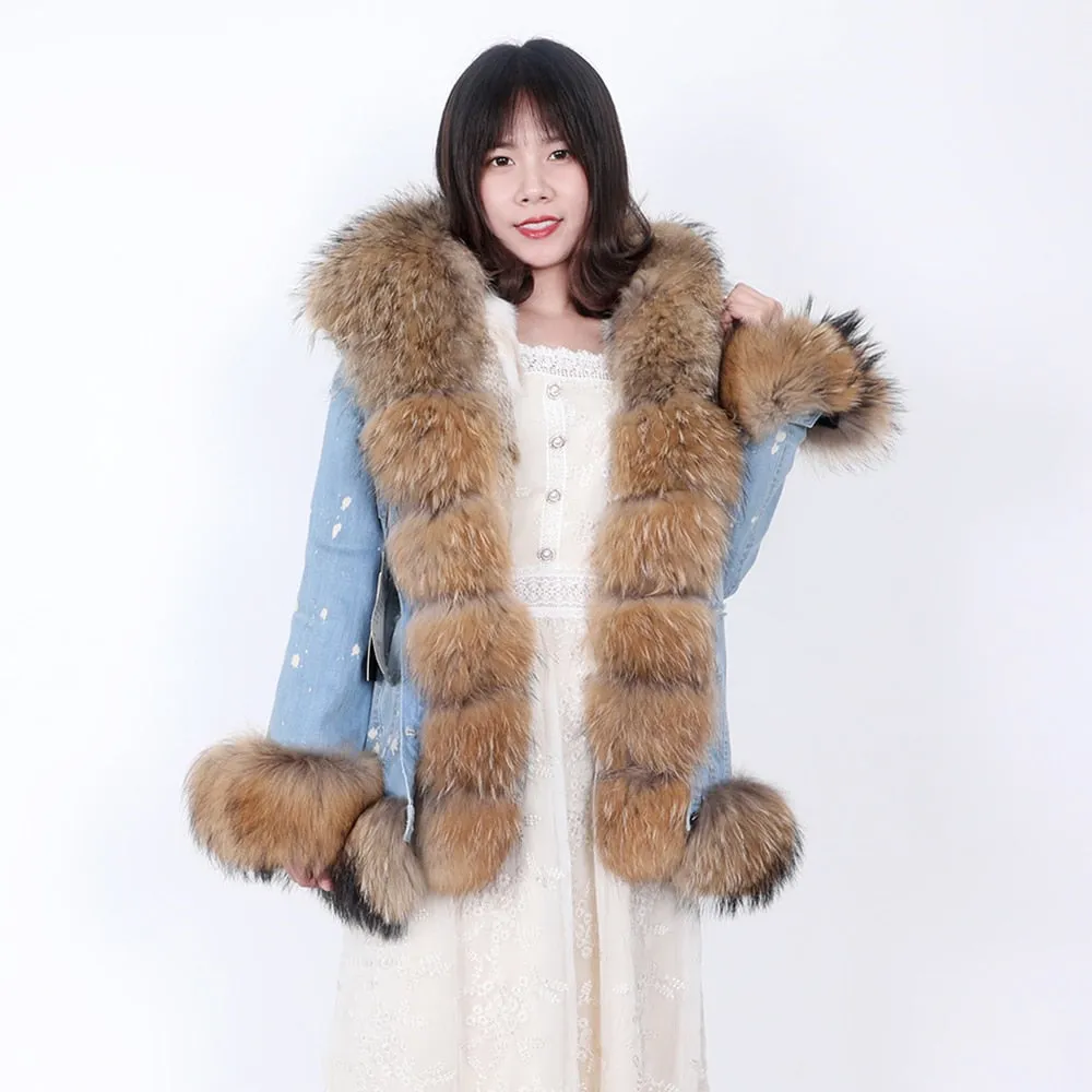 Women's Winter Fox Fur Collar Rabbit Fur Lining Warm Denim Jacket