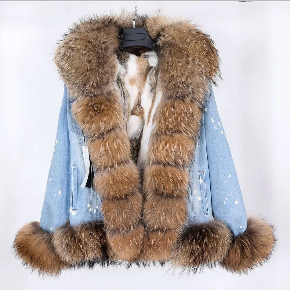 Women's Winter Fox Fur Collar Rabbit Fur Lining Warm Denim Jacket