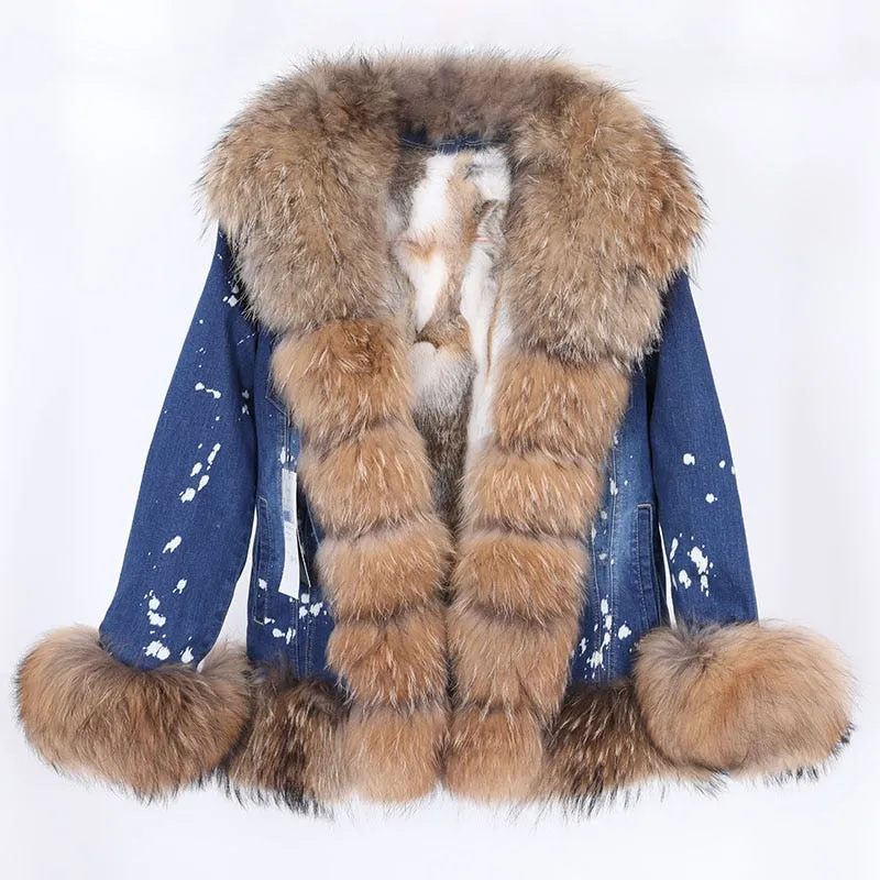 Women's Winter Fox Fur Collar Rabbit Fur Lining Warm Denim Jacket