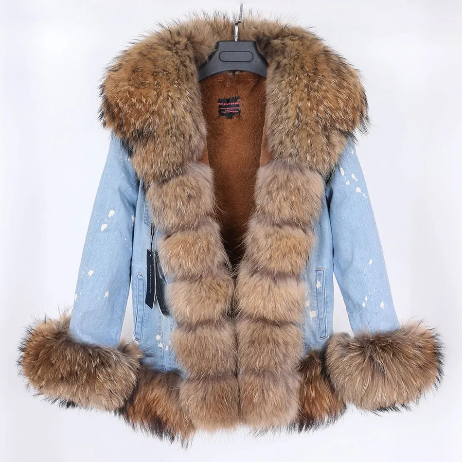 Women's Winter Fox Fur Collar Rabbit Fur Lining Warm Denim Jacket