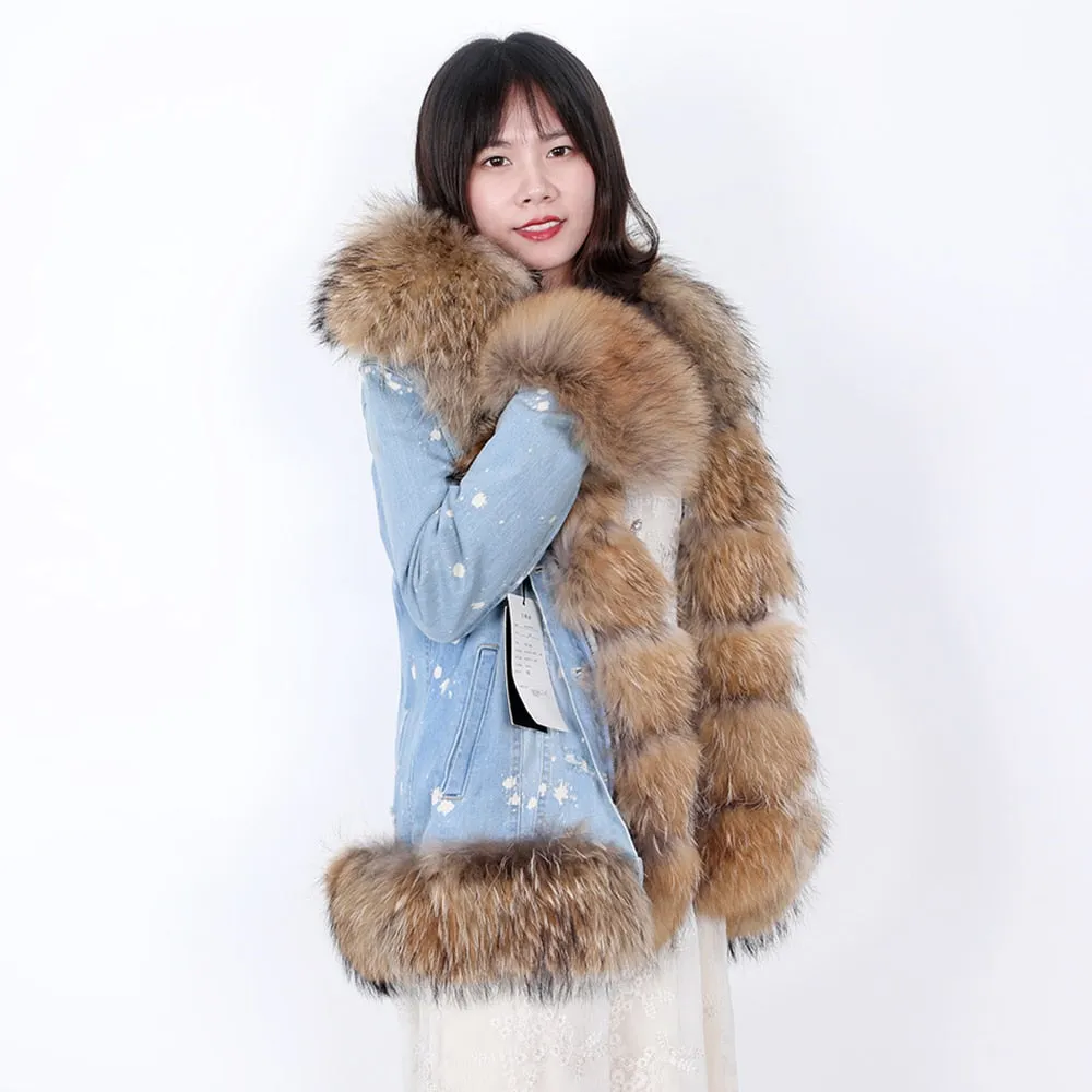 Women's Winter Fox Fur Collar Rabbit Fur Lining Warm Denim Jacket