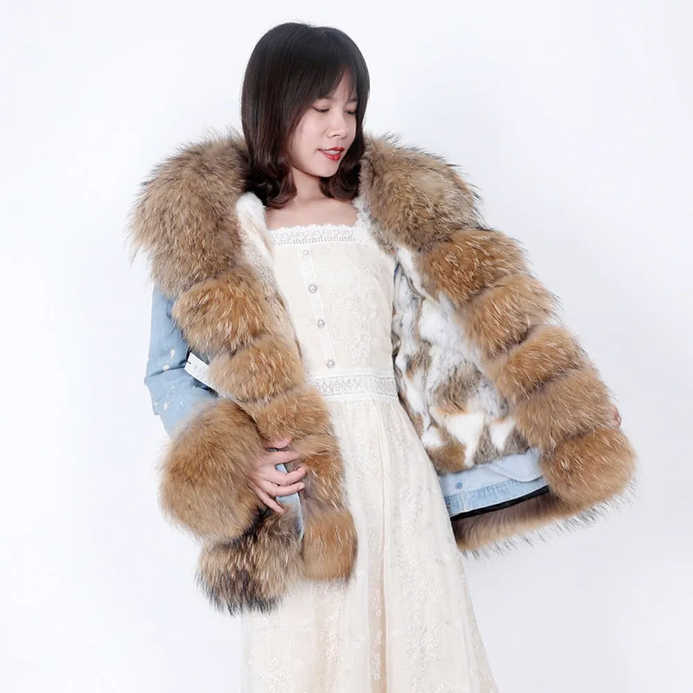 Women's Winter Fox Fur Collar Rabbit Fur Lining Warm Denim Jacket