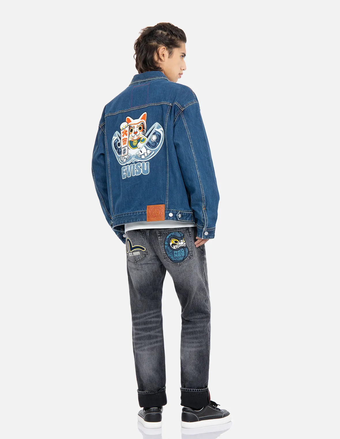 Zip-up Daruma and Fortune Cat Appliqué Denim Jacket