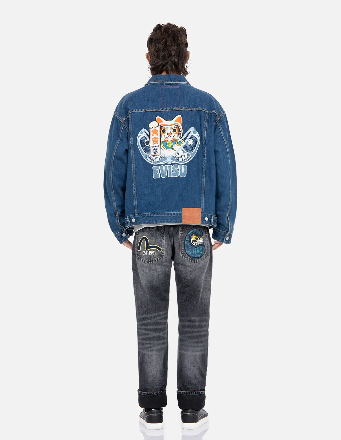 Zip-up Daruma and Fortune Cat Appliqué Denim Jacket